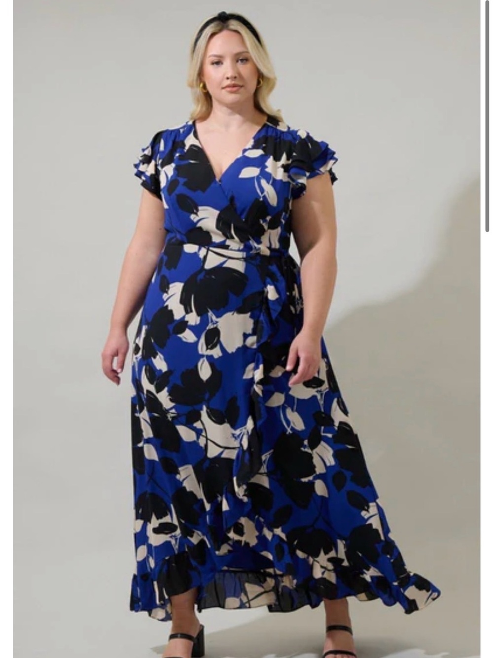 Sugarlips Blue Floral Wrap Maxi Dress with Cream & Black Accents